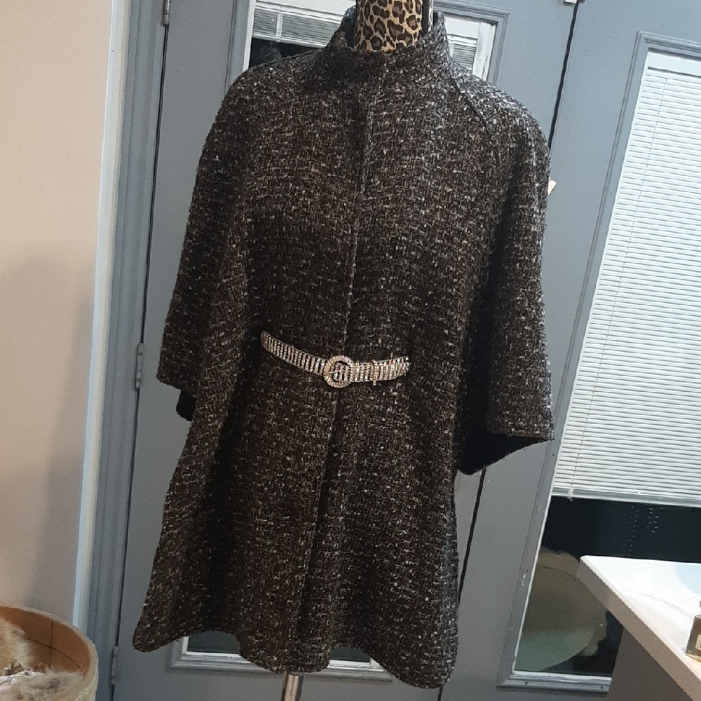 IZ Black and White Tweed Cape with Belt